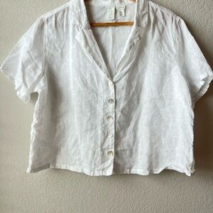 Joie 100% Linen White Short Sleeve Button Down Crop Top With Pearl Buttons SizeL